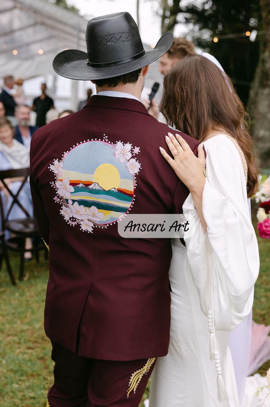 Men 2Pc Hand Embroidered Burgundy Wedding Suit for Men, Floral Landscape Blazer & Pants, Custom Groom Outfit - Image 2