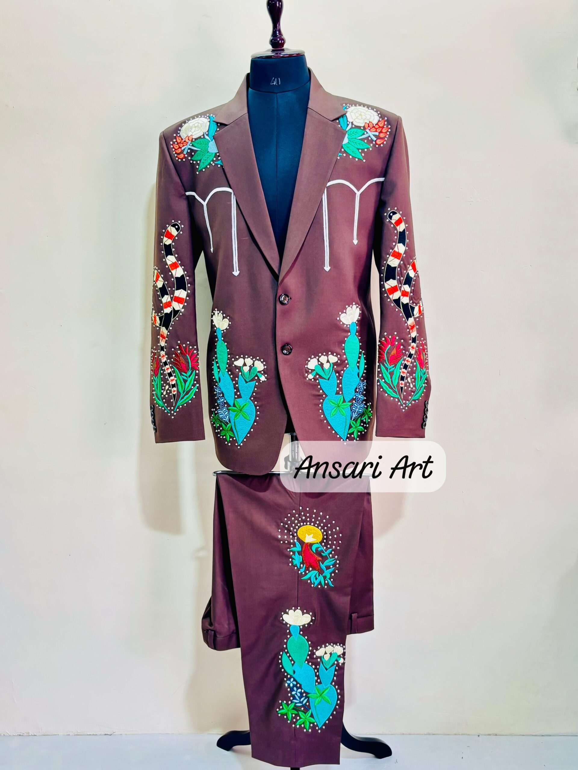 Men Designer Brown 2Pc Bespoke Country Western Cactus Floral Snacks Embroidered Nudie Cowboy Cocktail Prom Party Weddings Outfit - Image 3
