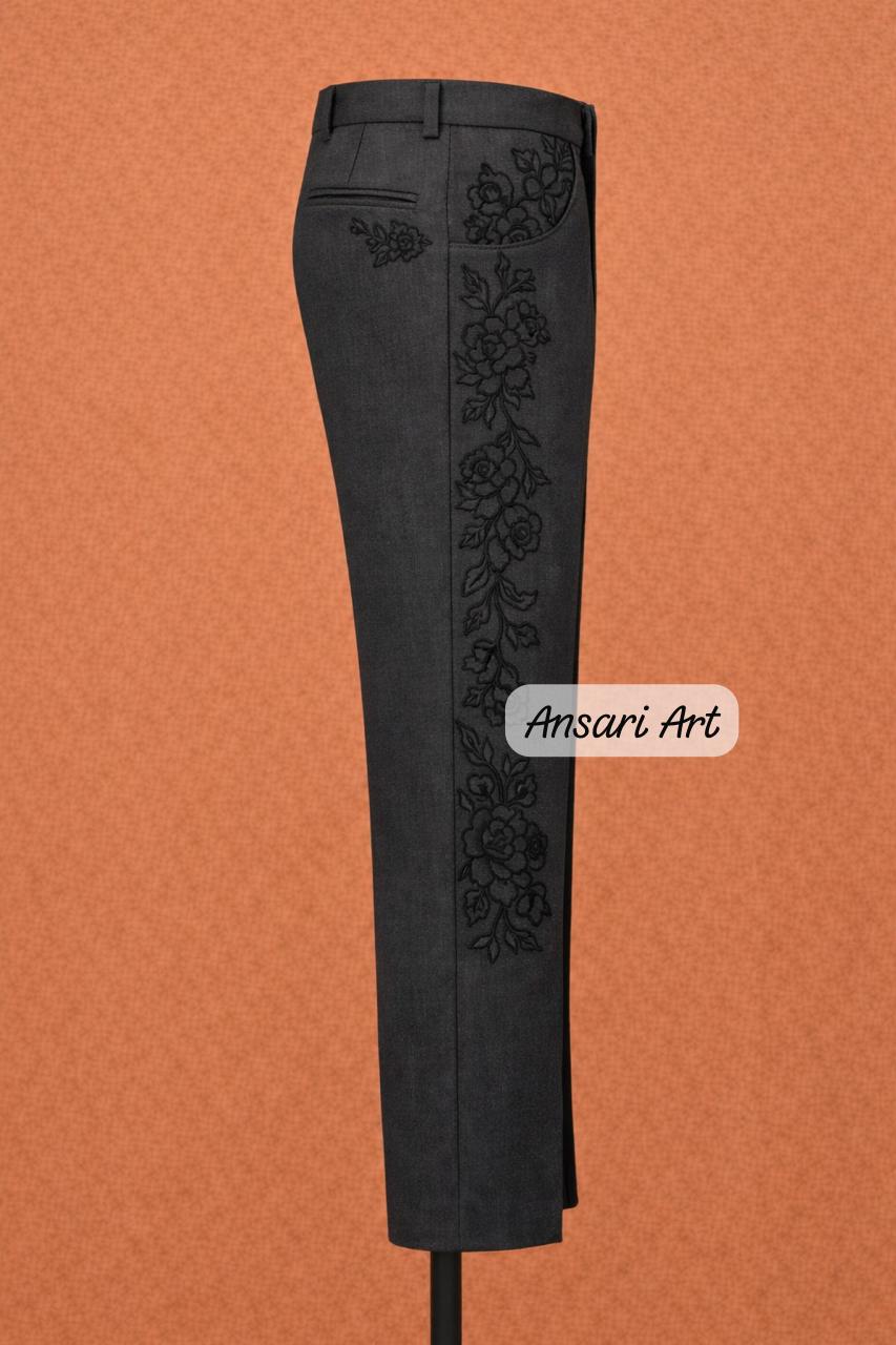 Men Designer 2Pc Deep Charcoal Custom Floral Embroidered Cowboy Western Nudie Suit | Vintage Wedding Groom Outfit - Image 4