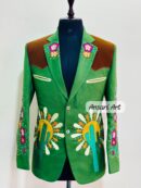 Men Green 2Pc Customized Cactus Floral Embroidered With Rhinestones Nudie Country Western Cowboy Cocktail Prom Parties Weddings Pantsuit Set