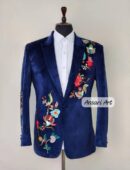 Men's Blue Velvet 2-Piece Customized Birds & Flower Embroidered Tuxedo Proms, weddings, cocktail parties, and other formal events Pantsuit