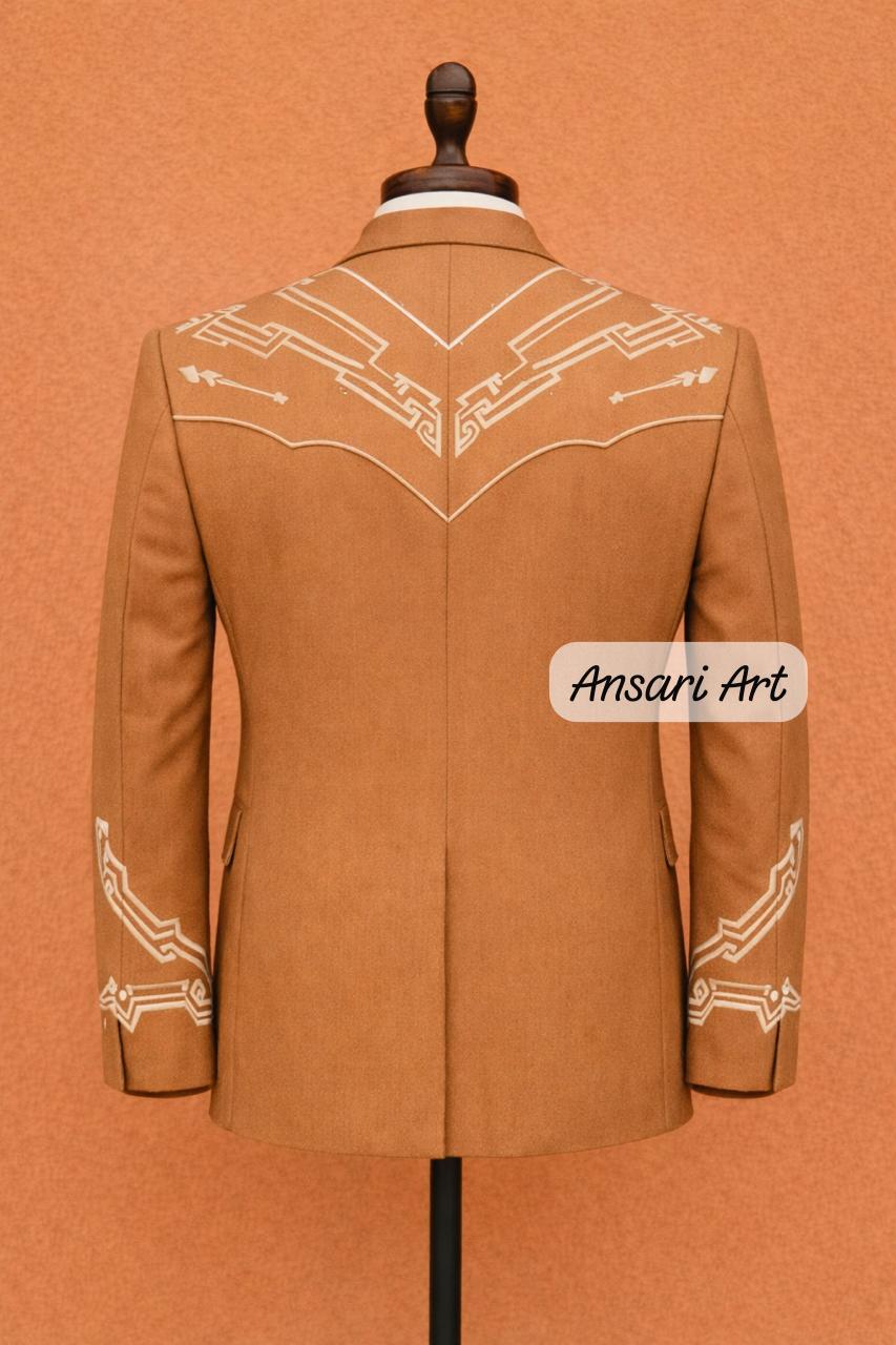 Men 2Pc Tan Custom Embroidered Cowboy Floral Country Western Nudie Suit | Vintage Wedding Groom Outfit Prom Party Set - Image 3