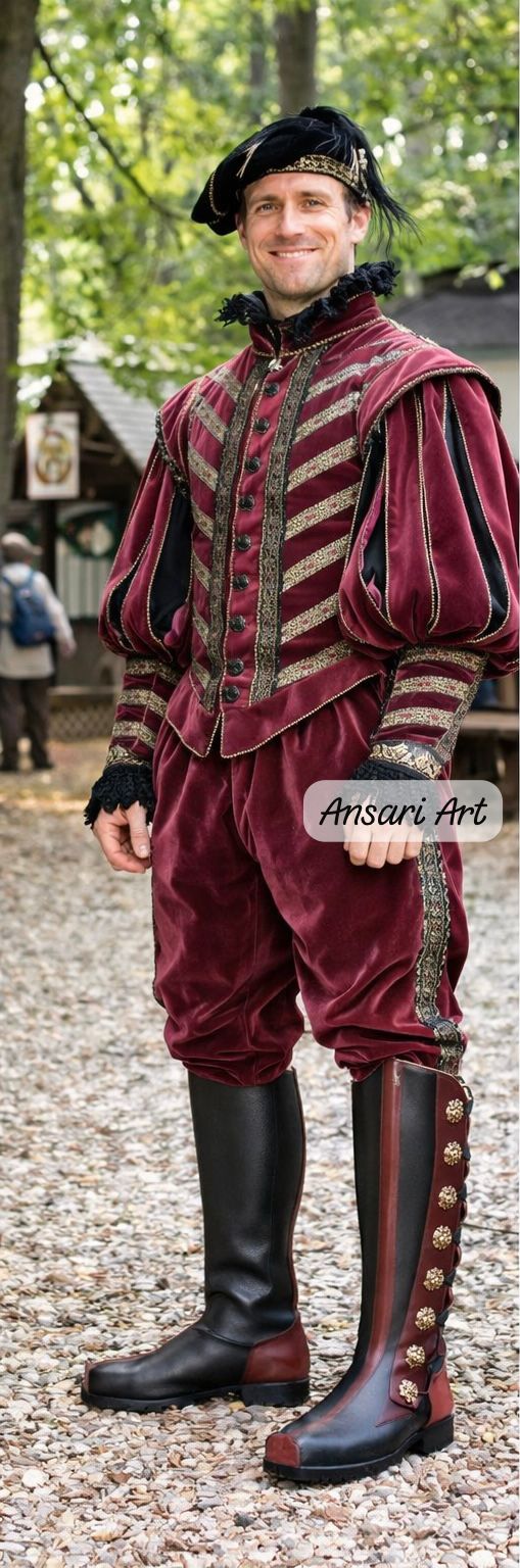 Men Renaissance Medieval Burgundy Velvet Costume | Custom Tudor Noble Outfit | Vintage Royal LARP Wedding Groom Fair Attire - Image 2