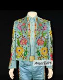 Men’s Sky Blue 2-Piece Custom Floral Embroidered Western Suit | Rhinestone Cowboy Retro Style | Prom, Wedding, & Party Outfit