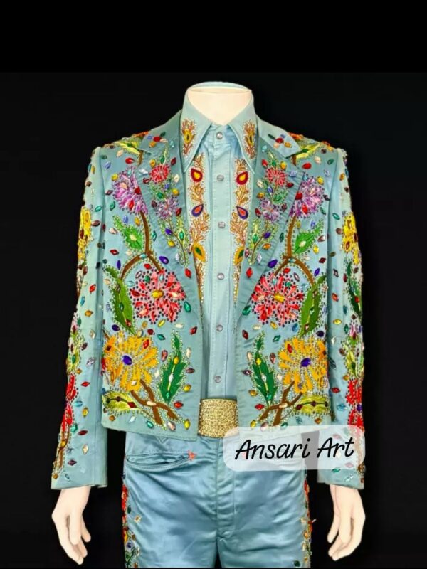 Men’s Sky Blue 2-Piece Custom Floral Embroidered Western Suit | Rhinestone Cowboy Retro Style | Prom, Wedding, & Party Outfit
