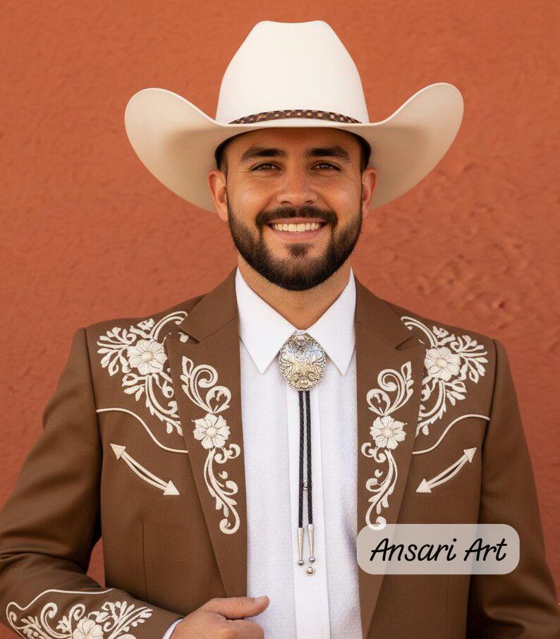 Men Brown 2Pc Bespoke Floral Embroidered Cowboy Country Western Nudie Weddings, rodeos, performances, and special occasions Pantsuit Set