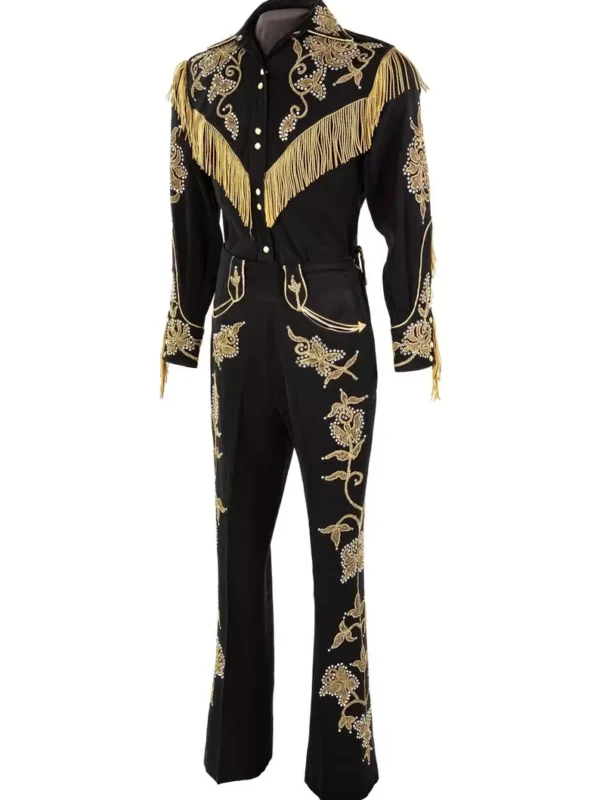 Men’s Designer Black 2Pc Customized Floral Embroidered Western Nudie Suit Bold Cowboy Suit for Weddings, Parties, and Special Occasions Set