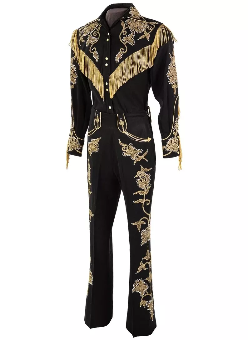 Men’s Designer Black 2Pc Customized Floral Embroidered Western Nudie Suit Bold Cowboy Suit for Weddings, Parties, and Special Occasions Set