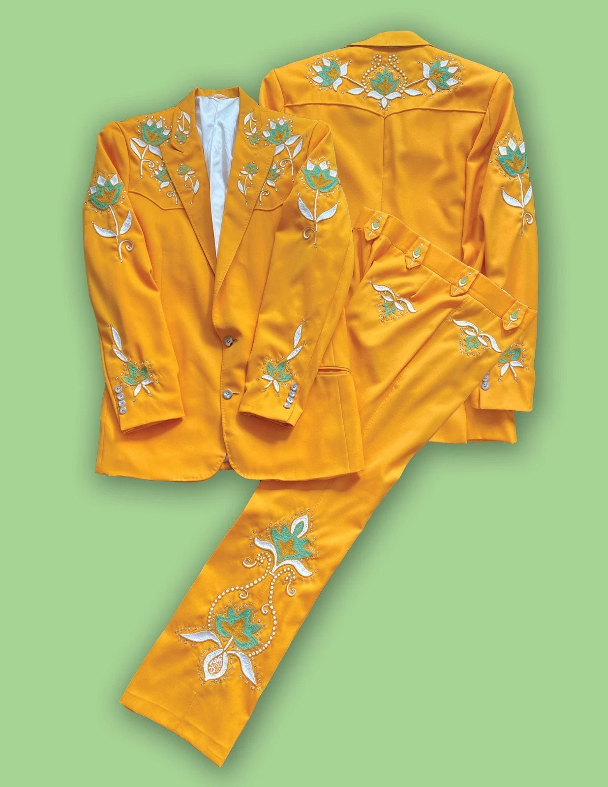 Men’s Mustard Yellow Embroidered Western Suit | Vintage Nudie Style Floral Cowboy Stage Outfit - Image 2