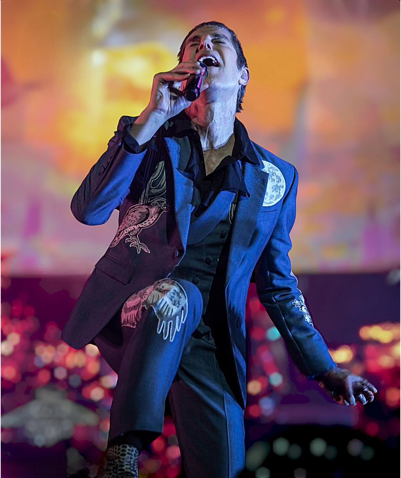 Men’s Blue Custom Embroidered Western Suit 3 Piece | Cactus Moon Bird Design | Vintage Nudie Cowboy Wedding Stage Outfit