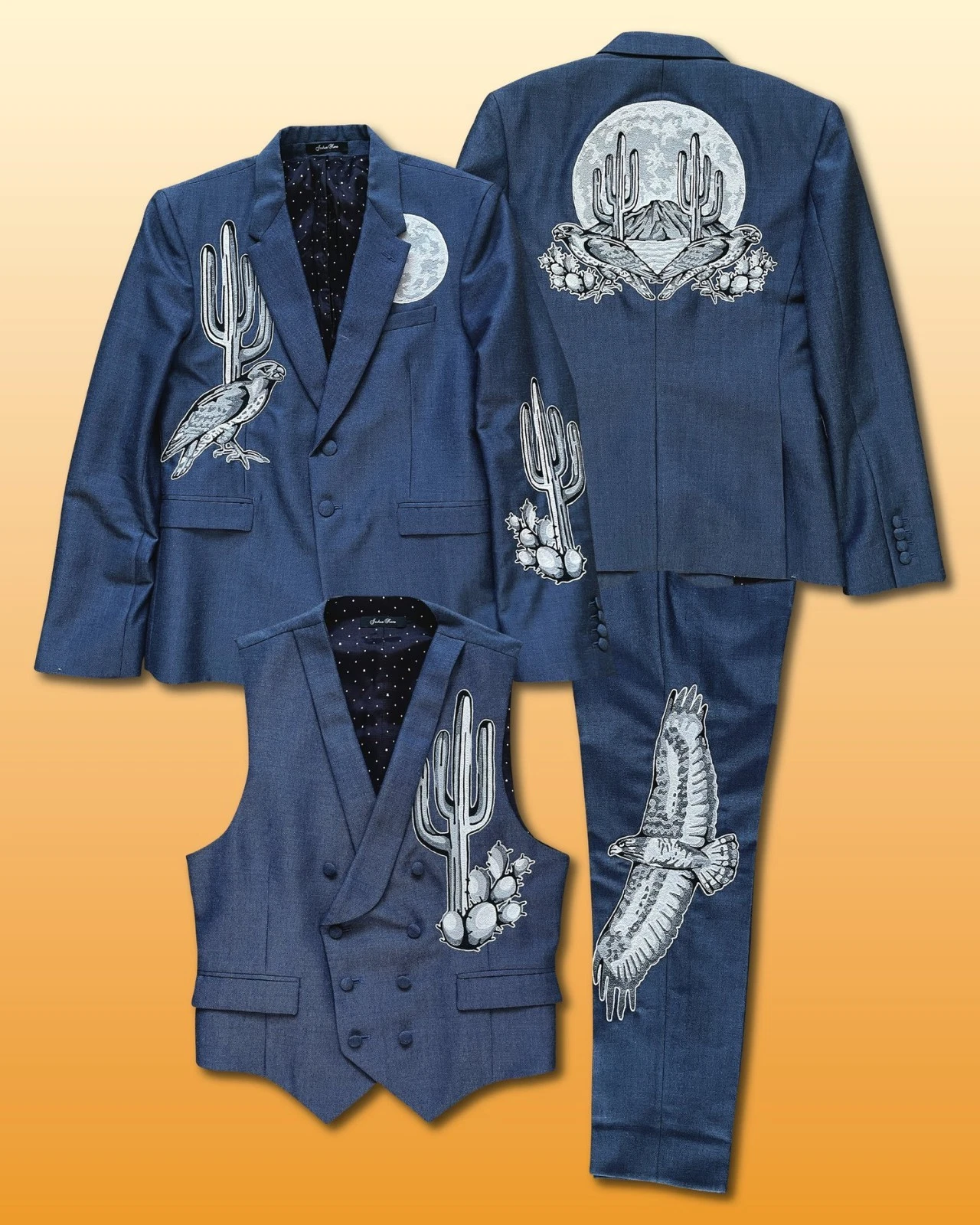 Men’s Blue Custom Embroidered Western Suit 3 Piece | Cactus Moon Bird Design | Vintage Nudie Cowboy Wedding Stage Outfit - Image 2