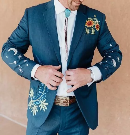 Custom Embroidered Groom Jacket, Blue Wedding Blazer with Floral Art, Handmade Luxury Suit for Groom, Unique Wedding Wear Suit Pant Set