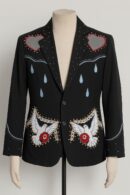 Men Black 2Pc Customized Floral Bird Heart Embroidered With Piping Rhinestones Country Western Suit Retro Wedding Day Nudie Style Outfit