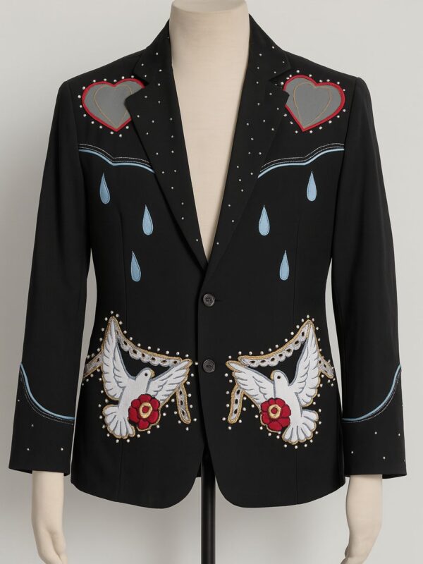 Men Black 2Pc Customized Floral Bird Heart Embroidered With Piping Rhinestones Country Western Suit Retro Wedding Day Nudie Style Outfit