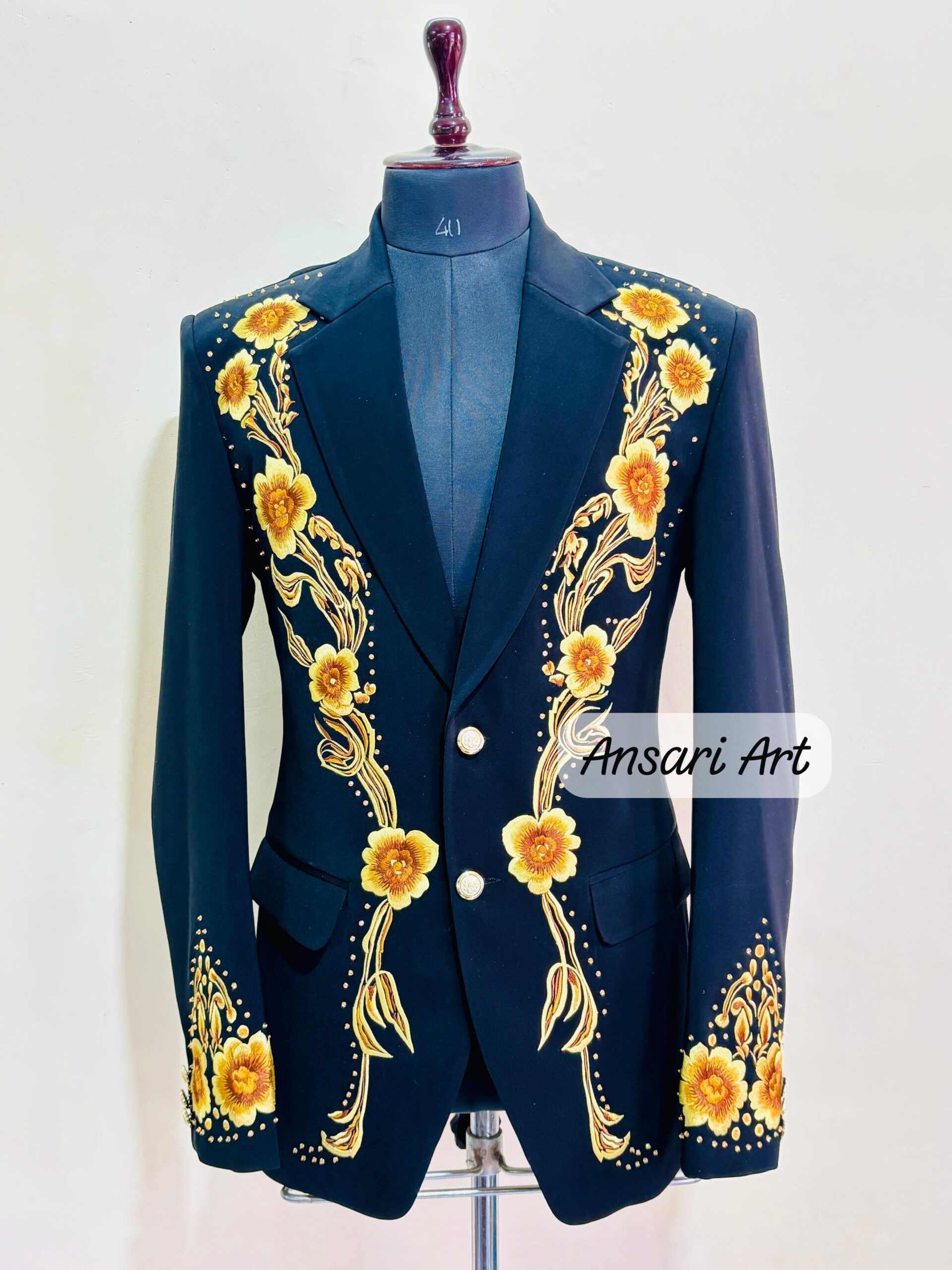 Men Black 2Pc Customized Western Nudie Suit Floral & Eagle Embroidered with Golden Rhinestones Cowboy Cocktail Prom Parties Weddings Outfit