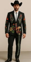 Men Designer 2Pc Bespoke Skelton Floral Embroidered Country Western Nudie Cowboy Cocktail Prom Parties Weddings Pantsuit Outfit