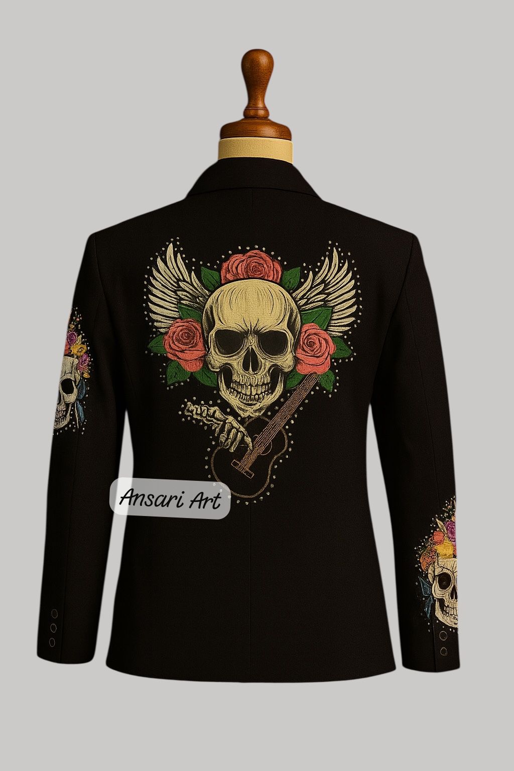 Day of the Dead Embroidered 2Pc Suit for Men | Black Skull and Floral Blazer | Calavera Mariachi Costume | Sugar Skull Wedding Tuxedo" - Image 2