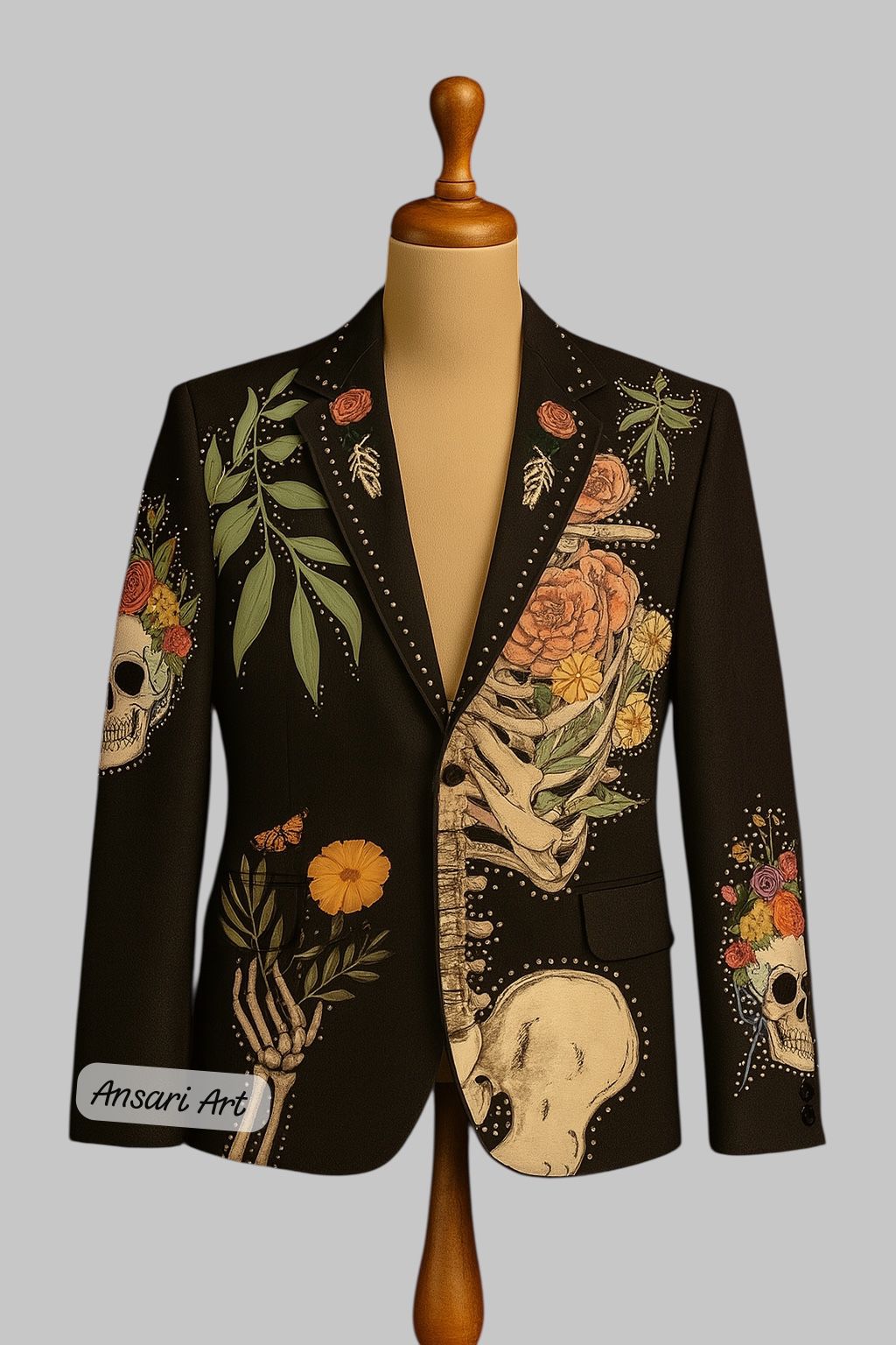 Day of the Dead Embroidered 2Pc Suit for Men | Black Skull and Floral Blazer | Calavera Mariachi Costume | Sugar Skull Wedding Tuxedo"