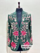 Men Designer Green 2Pc Customized Floral Flowers Embroidered Country Western Nudie Cowboy Cocktail Prom Party Weddings Groomsmen Retro Set