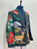 Men Green 2Pc Customized Nudie Suit Floral, Birds & Swamp Deer Embroidery Rhinestones | Retro Western Cocktail, Groom, Prom, Wedding Outfit