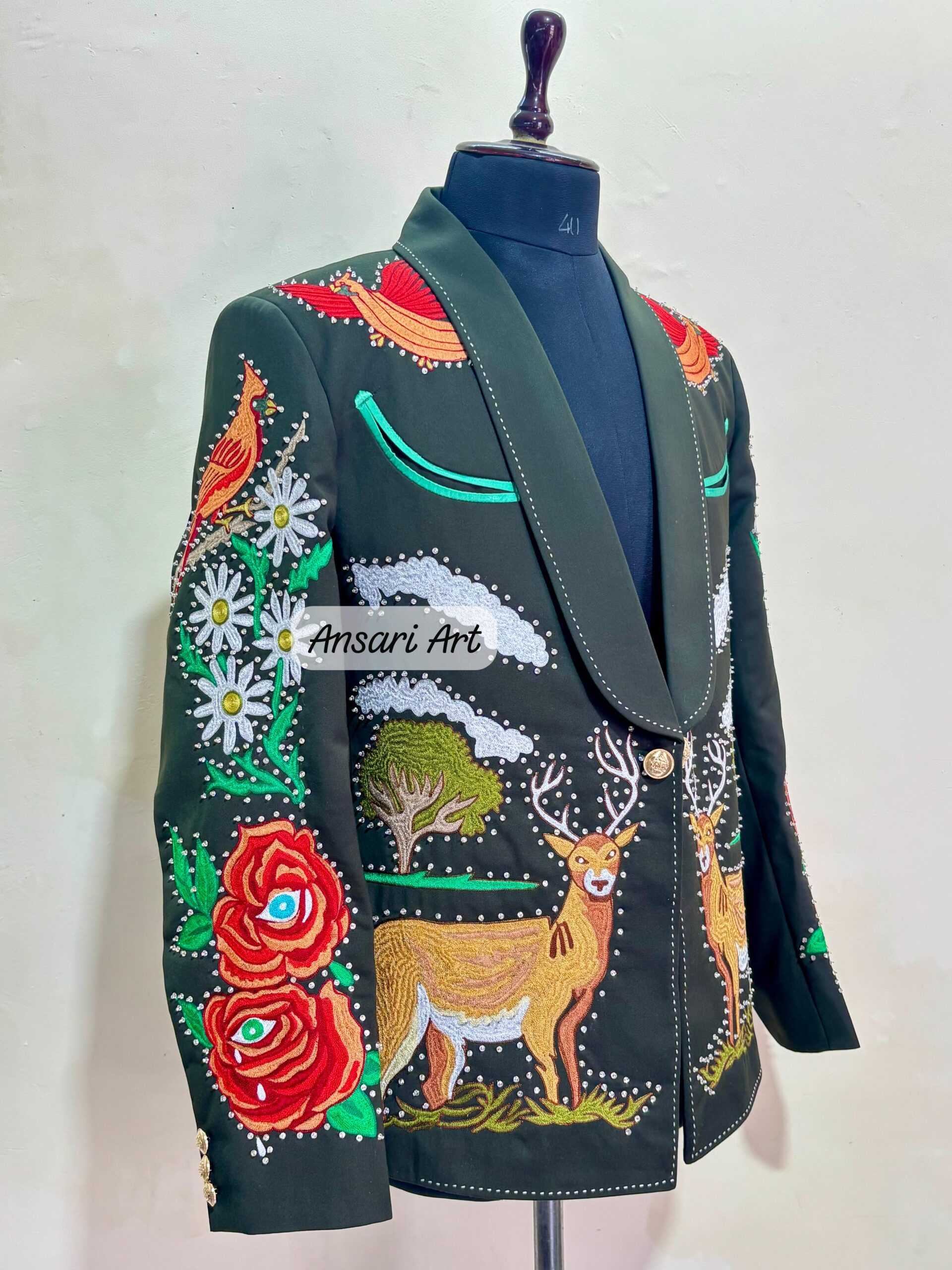Men Green 2Pc Customized Nudie Suit Floral, Birds & Swamp Deer Embroidery Rhinestones | Retro Western Cocktail, Groom, Prom, Wedding Outfit