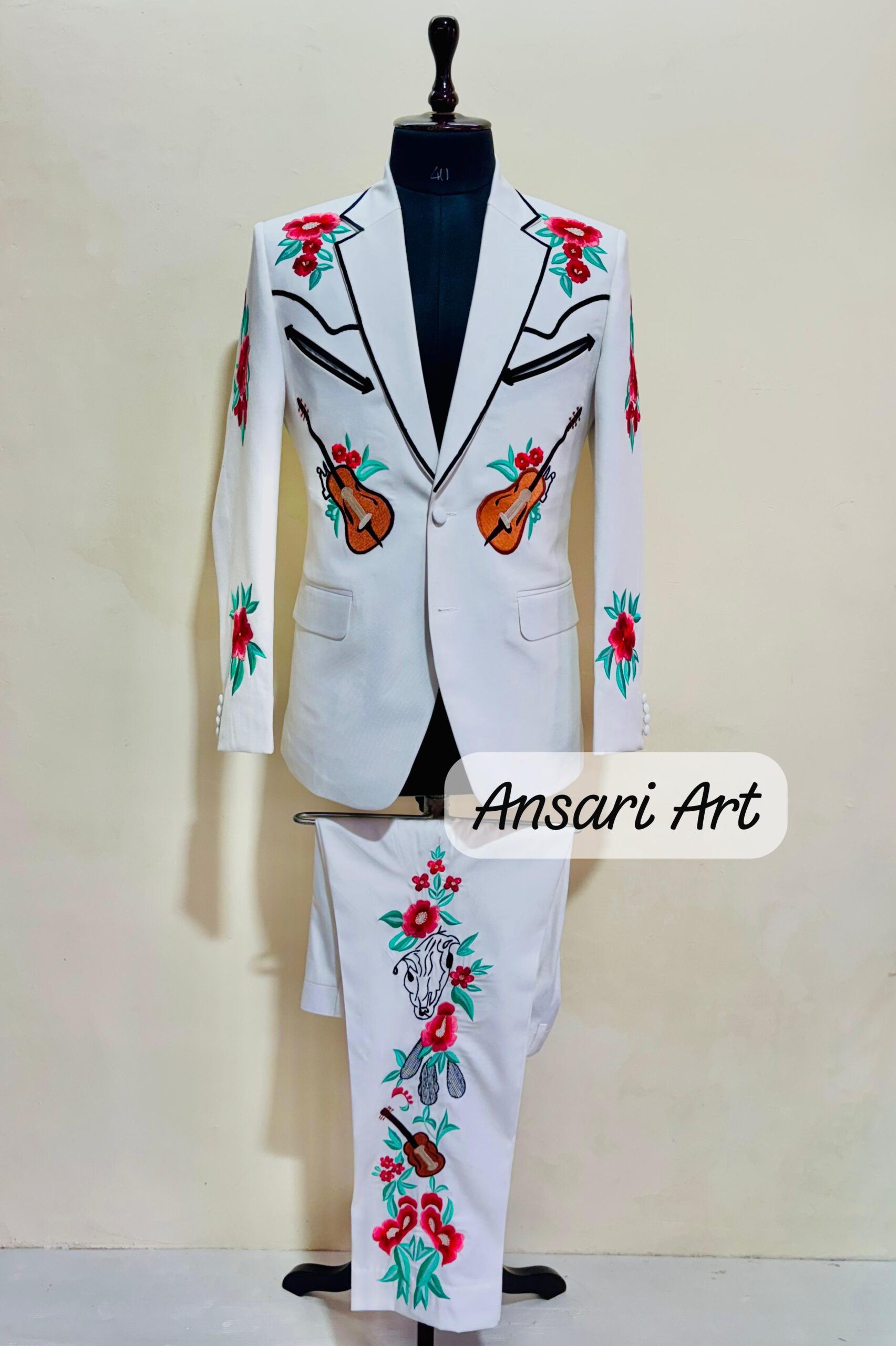 Men Designer White 2Pc Customized Floral Guitar Embroidered Country Western Cowboy Nudie Suit | Cocktail, Groom, Party, Wedding Day Outfit - Image 6