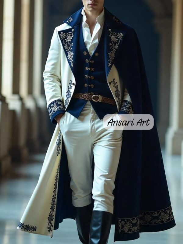 Men's Princely Wedding Suit, White Overcoat with Blue Embroidery, Royal Blue Cape, Fantasy Groom Attire, Noble Cosplay, Prince Long Coat Set