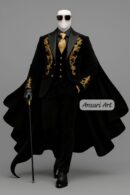 Black Velvet Cape Coat, Custom Royal Embroidered Groom Wedding Suit, Gold Work Black Prince Coat, Victorian Style Long Gown Cloak for Men