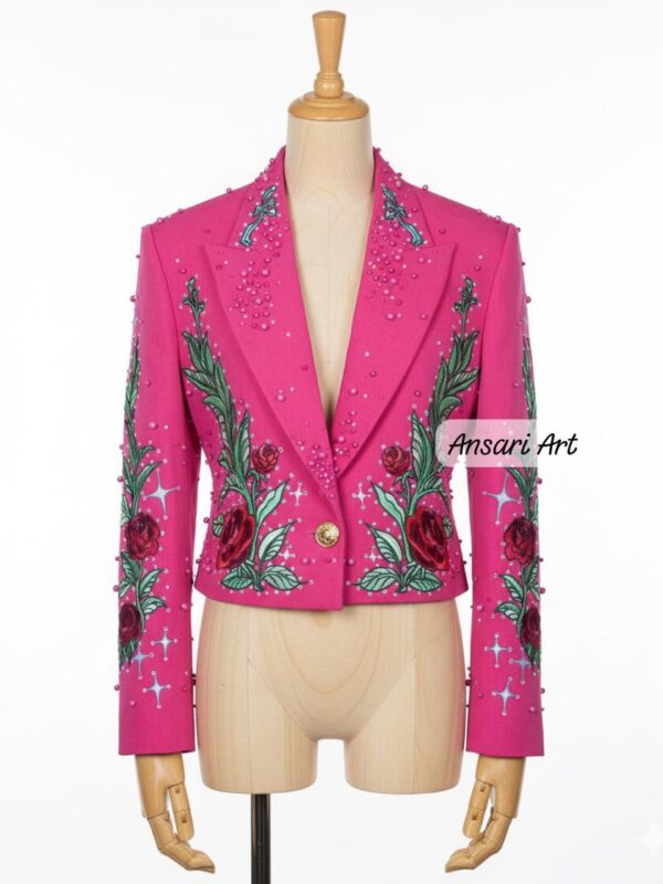 Unisex Pink 2Pc Customized Floral Flowers Embroidered Rhinestone Country Western Suit Cocktail Wedding Retro Groom Party Outfit