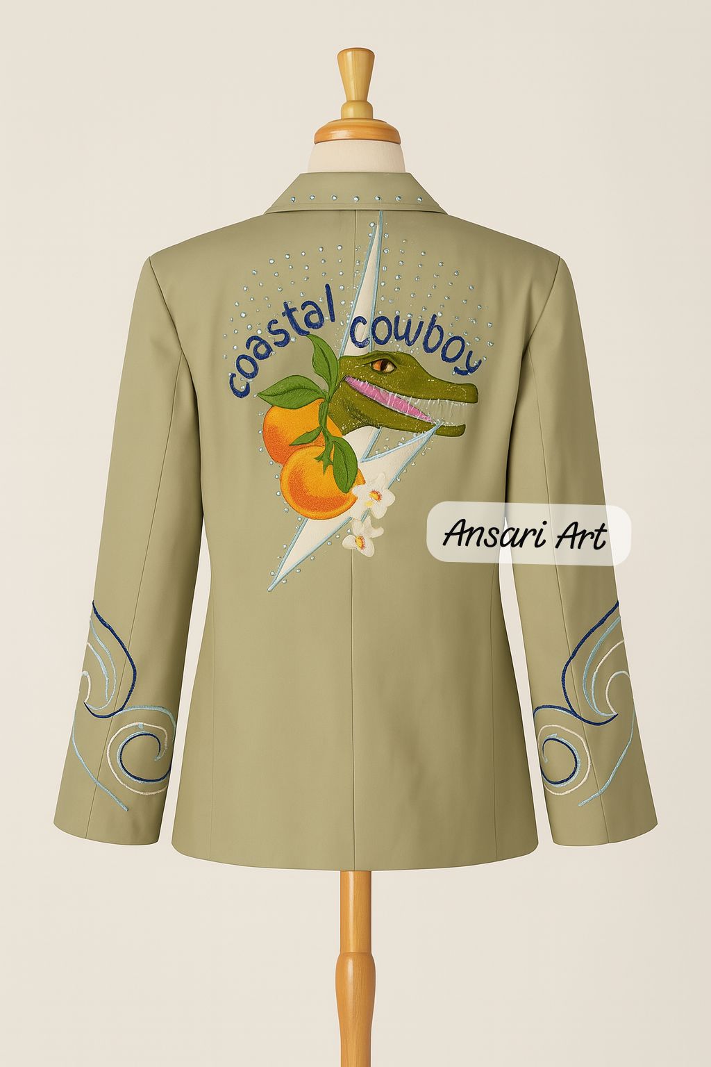 Men 2Pc Green Customized Alligator Tree Embroidered Rhinestones Country Western Nudie Suit Cowboy Vintage Wedding Party Groom Outfit - Image 2