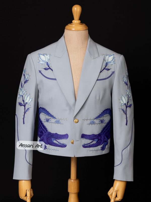 Men Sky Blue 2Pc Bespoke Country Western Suit Floral & Crocodile Embroidered Rhinestones Nudie Groomsmen Cowboy Cocktail Wedding Prom Outfit
