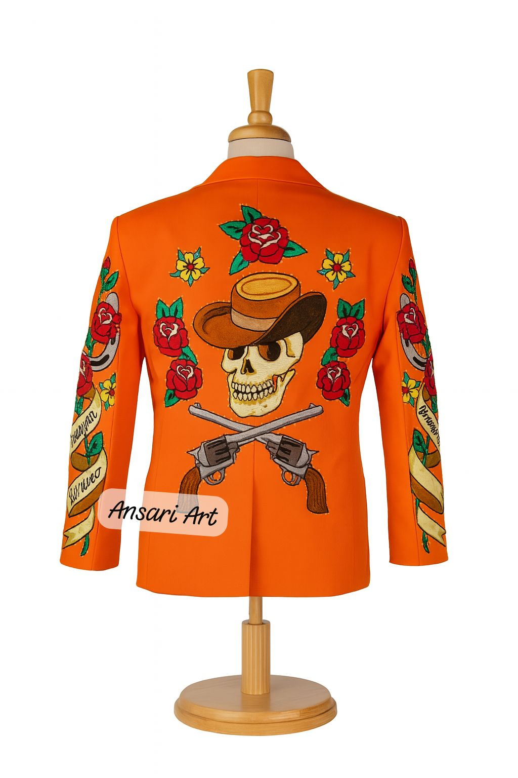Men Orange 2Pc Bespoke Country Western Suit Roses Pistols Skull Embroidered Rhinestones Nudie Groomsmen Cowboy Cocktail Wedding Prom Outfit - Image 2