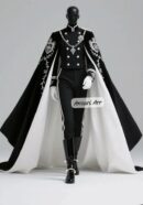 Black & White Royal Military Cape, Custom Silver Embroidered Hussar Jacket, Dramatic Theatrical Cloak for Men, Groom Wedding Suit