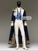 Bespoke Blue and Gold Hussar Jacket, Formal Wedding Suit Coat, Theatrical Costume Uniform, Royal Long Coat with Brocade Vest