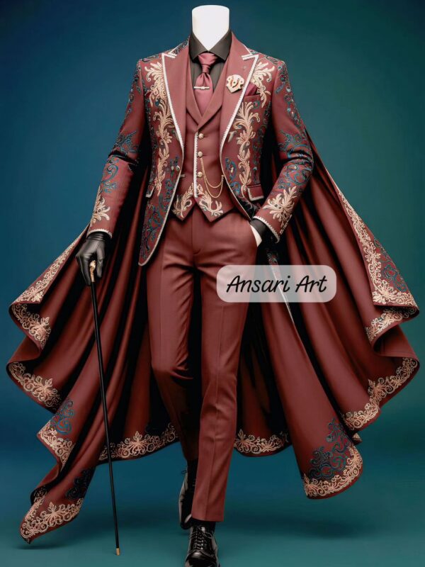 Maroon Cape Tuxedo with Gold & Teal Embroidery | Royal Brocade  4-Piece Suit Set | Bespoke Stage or Fantasy Wedding Attire