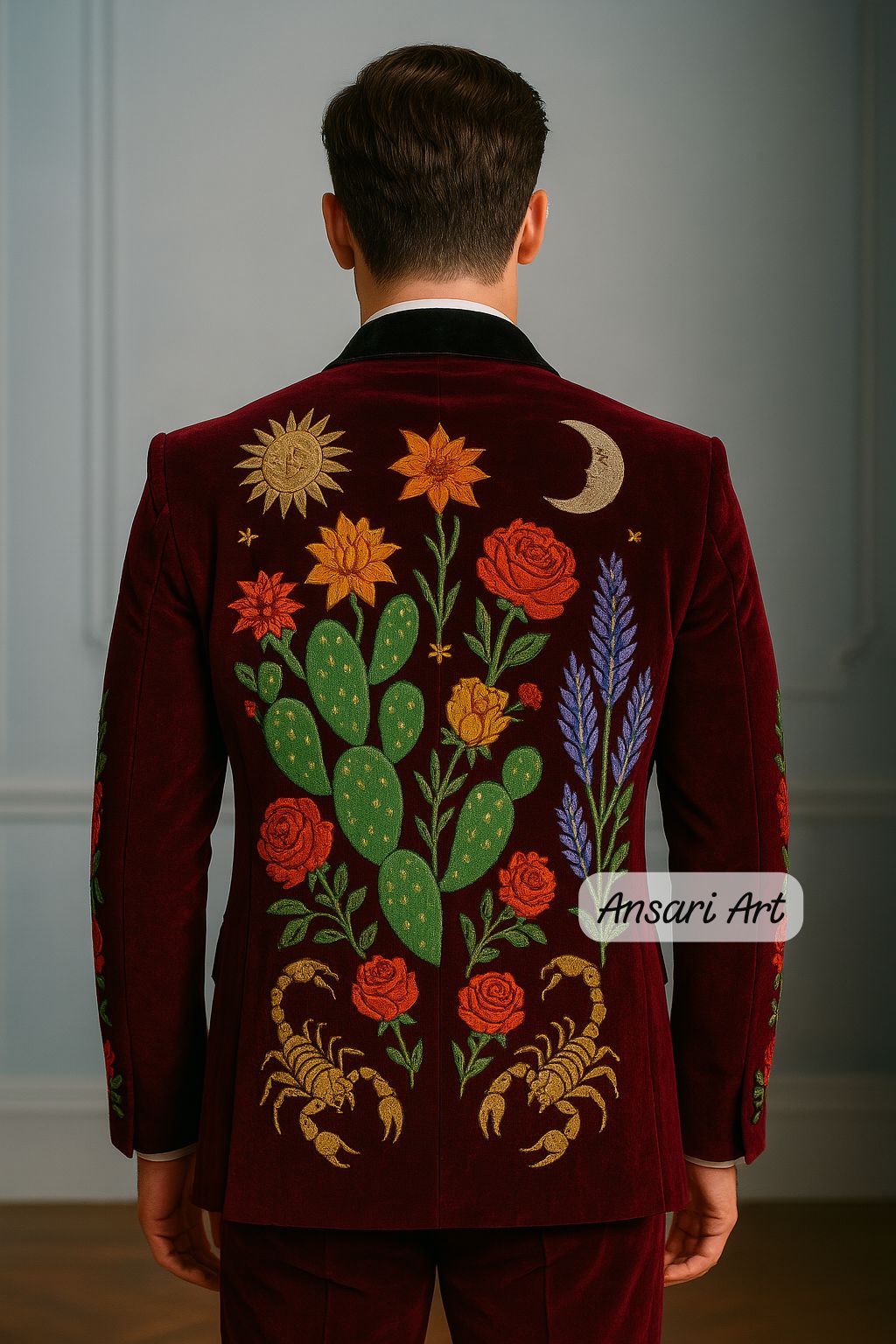 Men's Maroon Velvet 2Pc Customized Nudie Suit – Rose, Cactus & Scorpion Embroidery | Retro Western Cocktail, Prom, Wedding, Groom Outfit - Image 2