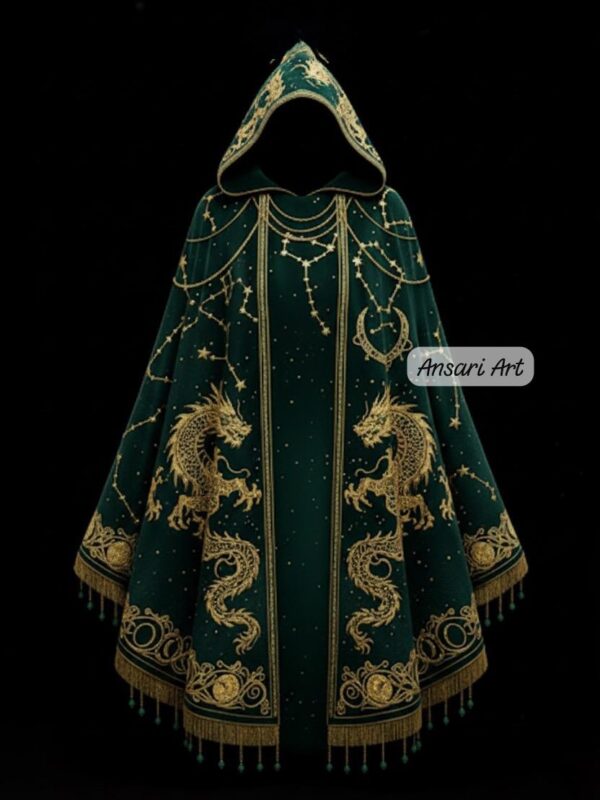 Celestial Dragons Cloak, Emerald Green Velvet Hooded Cape, Gold Embroidery, Fantasy Wizard Robe, Pagan Wedding, Renaissance Faire