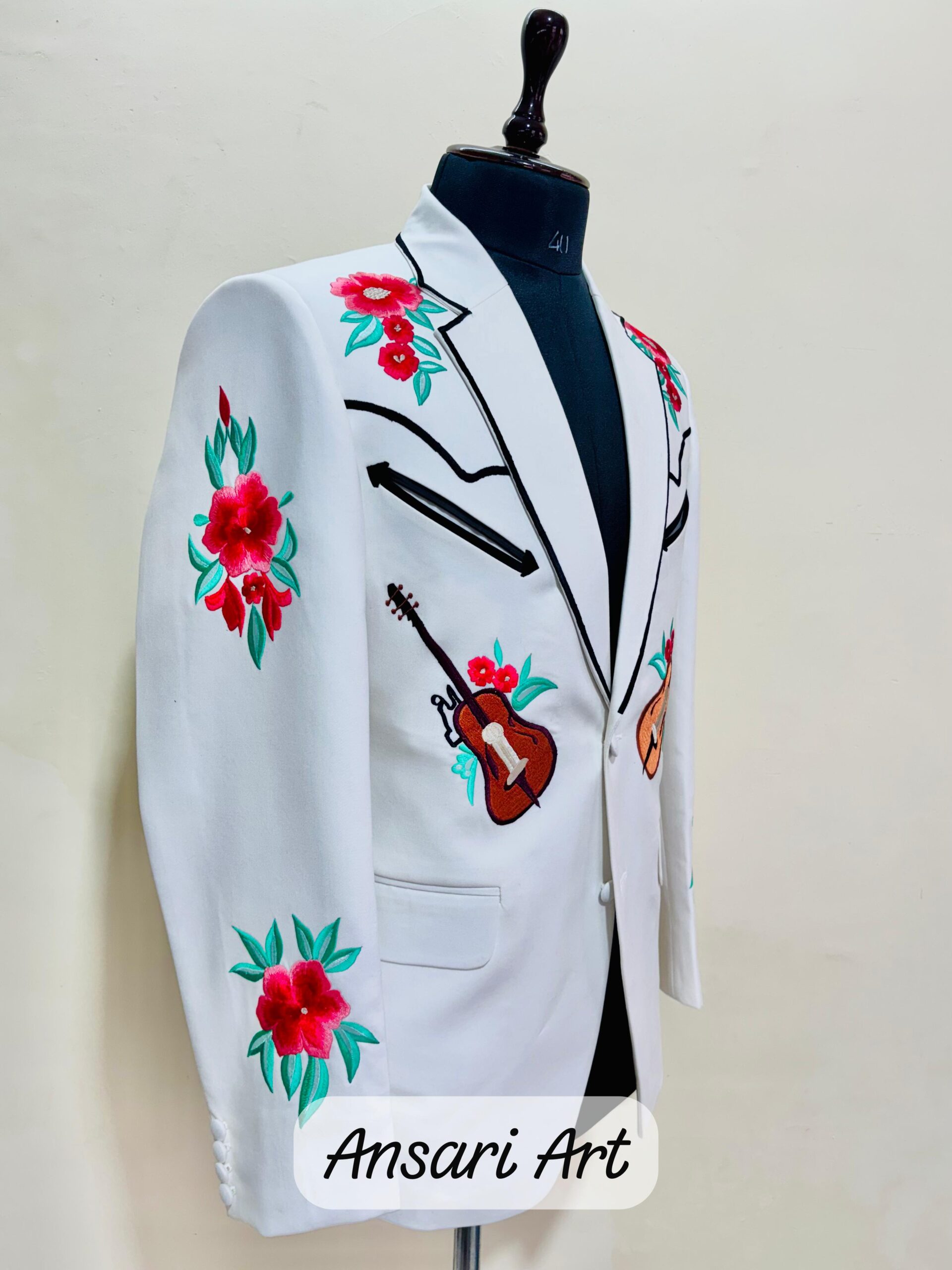 Men Designer White 2Pc Customized Floral Guitar Embroidered Country Western Cowboy Nudie Suit | Cocktail, Groom, Party, Wedding Day Outfit - Image 4