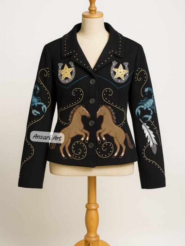 Unisex Black 2Pc Customized Western Nudie Suit – Horse, Eagle & Scorpion Embroidery Rhinestones  Prom, Wedding, Cocktail Party, Groom Outfit