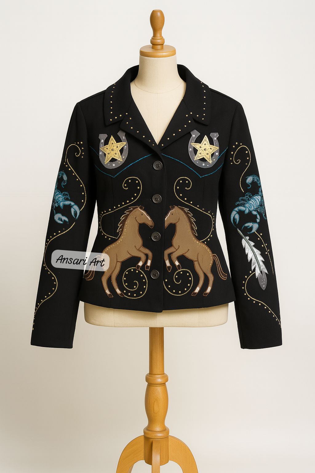 Unisex Black 2Pc Customized Western Nudie Suit – Horse, Eagle & Scorpion Embroidery Rhinestones Prom, Wedding, Cocktail Party, Groom Outfit