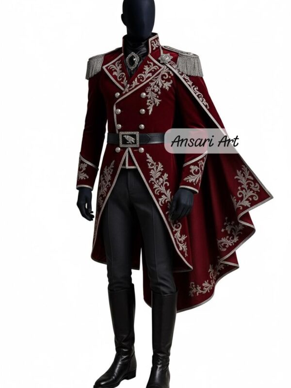 Regal Red Velvet Military Jacket, Silver Embroidered Cosplay Coat, Prince Uniform, Custom Fantasy Commander Attire, Men's Theatrical Costume
