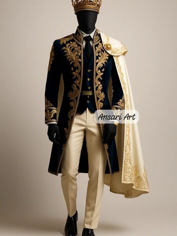 Men Royal Blue Velvet King Costume. Gold Embroidered Frock Coat & Cape. Luxury Prince/Historical Military Attire.