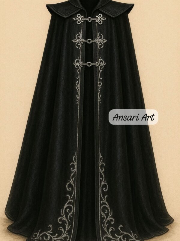 Black Wool Cloak with Silver Embroidery | Gothic Wedding Cape with Hook and Eye Clasps | Custom Medieval/Victorian Costume