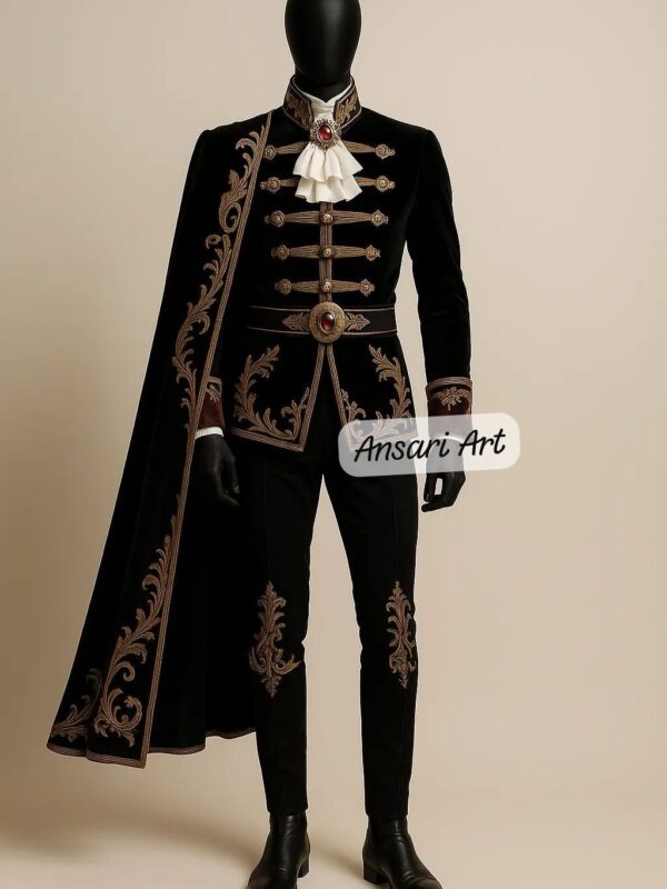 Men Gothic Prince Costume. Black Velvet Gold Embroidered Military Tunic & Cape. Bespoke Royal/Vampire Attire.