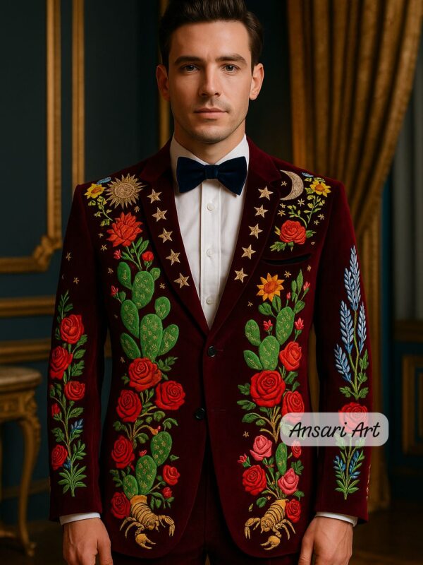 Men's Maroon Velvet 2Pc Customized Nudie Suit – Rose, Cactus & Scorpion Embroidery | Retro Western Cocktail, Prom, Wedding, Groom Outfit