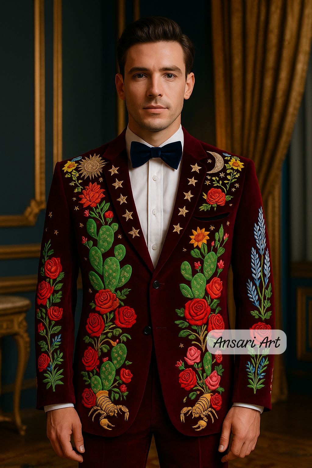 Men's Maroon Velvet 2Pc Customized Nudie Suit – Rose, Cactus & Scorpion Embroidery | Retro Western Cocktail, Prom, Wedding, Groom Outfit