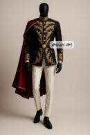 Black Prince Coat with Gold Embroidery, Custom Military Tunic Jacket, Red Shoulder Cape for Men, Royal Wedding Attire