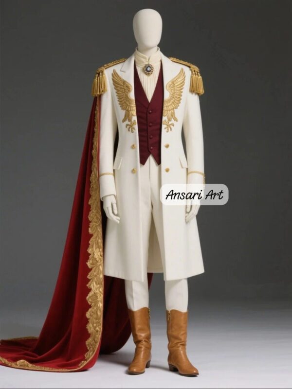 Men's Royal Wedding Suit, White & Gold Embroidered Overcoat, Red Cape, Burgundy Vest, Princely Groom Attire