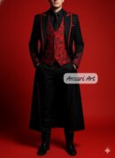 Men's Black Frock Coat, Red Phoenix Embroidery, 3 Piece Gothic Suit, Red Baroque Vest, Victorian Wedding Tuxedo