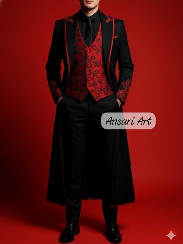 Men's Black Frock Coat, Red Phoenix Embroidery, 3 Piece Gothic Suit, Red Baroque Vest, Victorian Wedding Tuxedo